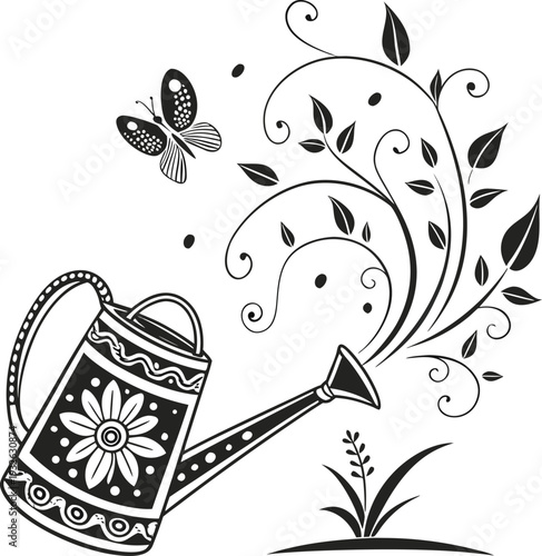 Black and white vector illustration of watering can with flower and butterfly