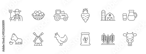 Farming agriculture set icon. Farmer pitchfork basket tractor carrot barn silo milk horse windmill chicken jar wheat cow depict rural harvest livestock countryside production.