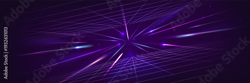 Neon light wireframe tunnel with laser beams flare and perspective, abstract vector background. Digital blue rays with speed effect in cyber space with glowing light trails