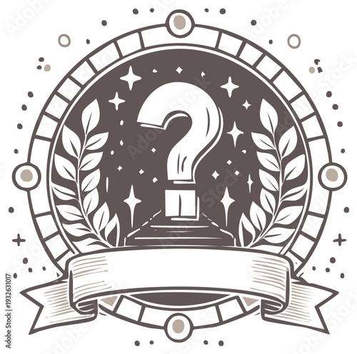 Illustration of a question mark inside a decorative circular emblem with stars and laurel branches.