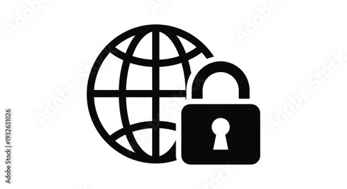 Global internet security vector graphic illustration with a secure padlock protecting worldwide data and network privacy.