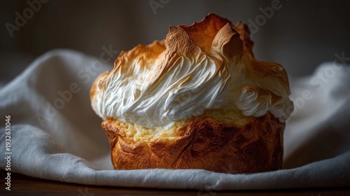 Wallpaper Mural Close-up of golden brioche topped with toasted swirled meringue on soft linen cloth against dark blurred background, concept of artisanal bakery indulgence Torontodigital.ca