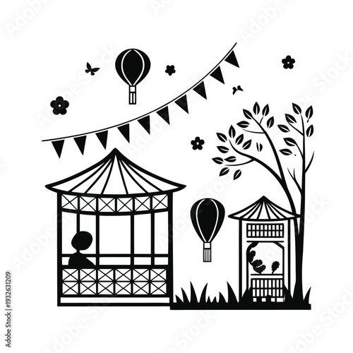 Vector illustration of a park scene with gazebo, hot air balloons, and bunting