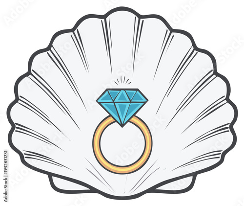 Sparkling blue diamond ring nestled inside a decorative white seashell illustration