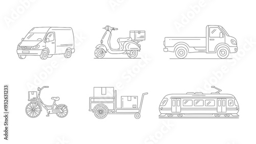Vehicular Assembly: A collection of various transportations, illustrated in a clean and consistent style. Capturing a range of vehicles, from a bicycle to a train.