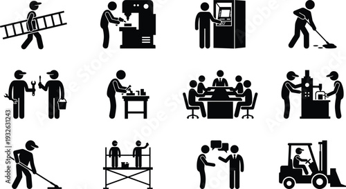 Worker profession icon set featuring construction, factory, maintenance, office, cleaning and industrial labor activities representing workforce, teamwork and occupation concepts