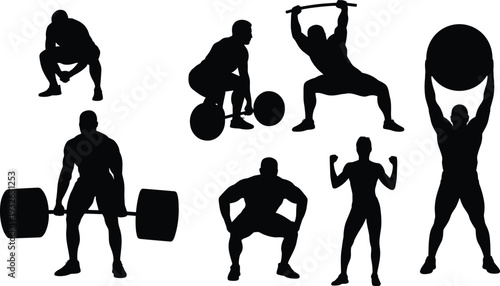 Black silhouette collection of men weightlifting and strength training isolated on white background bodybuilding fitness workout poses illustration set