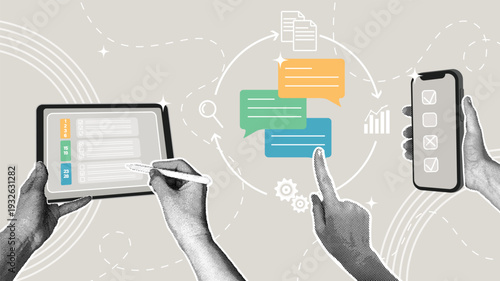 Optimizing digital communications and workflow management. Trendy halftone collage. Concept of automation, collaboration, and strategy. Vector illustration.