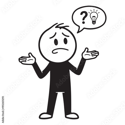 A cartoon character with a puzzled expression and a lightbulb idea