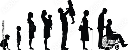 Human Life Cycle Silhouette Illustration Showing Stages from Childhood and Parenthood to Old Age and Disability in Black Vector Isolated on White Background