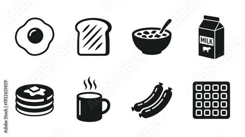 Breakfast Food Vector Silhouette Icon Set Featuring Eight Items Including Egg, Toast, Cereal, Coffee, Pancakes, Sausage, Waffle, and Juice for Menu and Graphic Design Use
