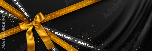 Sale banner with flowing black silk background, Black Friday tape and golden ribbon with bow, realistic vector illustration. Luxury 3D wavy fabric, gold confetti backdrop for November discount offers