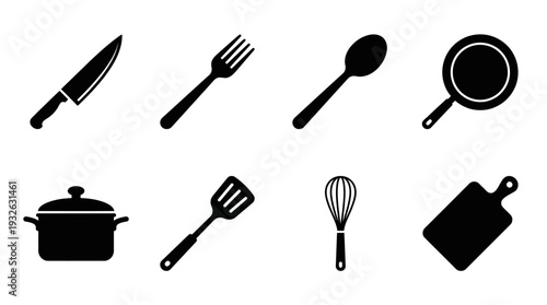 Kitchen Utensils Vector Silhouette Icon Set Featuring Knife, Fork, Spoon, Frying Pan, Cooking Pot, Spatula, Whisk, and Cutting Board for Culinary Art and Graphic Design Use