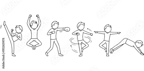 A fit man engaging in various exercise poses and stretches in a minimalist style