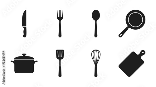 Kitchen Utensils Vector Silhouette Icon Set Featuring Knife, Fork, Spoon, Frying Pan, Cooking Pot, Spatula, Whisk, and Cutting Board for Culinary Art and Graphic Design Use
