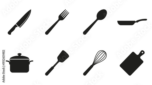 Kitchen Utensils Vector Silhouette Icon Set Featuring Knife, Fork, Spoon, Frying Pan, Cooking Pot, Spatula, Whisk, and Cutting Board for Culinary Art and Graphic Design Use
