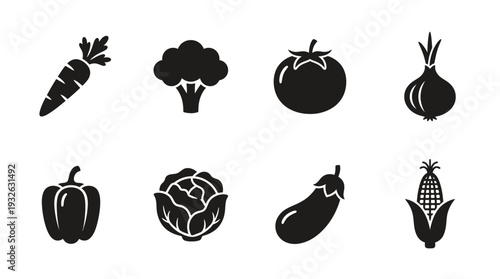 Vegetable Vector Silhouette Icon Set Featuring Carrot, Broccoli, Tomato, Onion, Bell Pepper, Cabbage, Eggplant, and Corn for Culinary Art, Healthy Eating, and Graphic Design Use