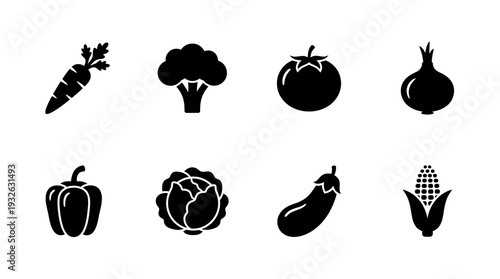 Vegetable Vector Silhouette Icon Set Featuring Carrot, Broccoli, Tomato, Onion, Bell Pepper, Cabbage, Eggplant, and Corn for Culinary Art, Healthy Eating, and Graphic Design Use