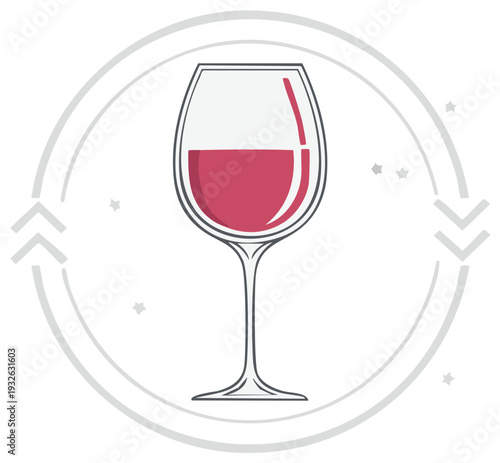 Elegant wine glass with red wine, within a decorative circular frame, vector illustration.