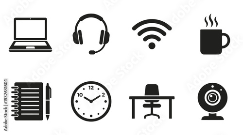 Remote Work Vector Silhouette Icon Set Featuring Laptop, Headset, Wi-Fi, Coffee Mug, Notebook, Clock, Desk, and Webcam for Productivity, Study, and Graphic Design Use