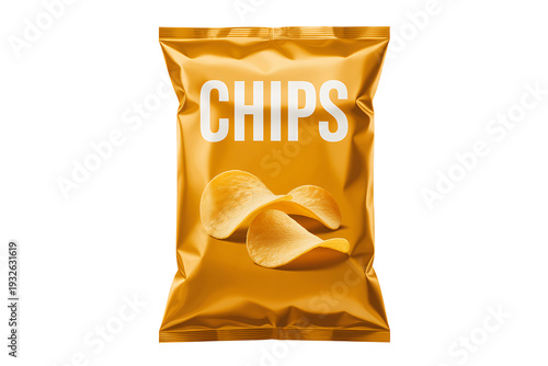 Golden bag of potato chips snack food isolated on a transparent background