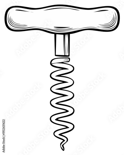 Black and white illustration of a vintage corkscrew opener