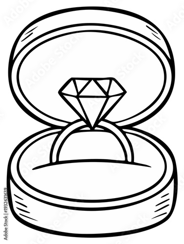 Open Ring Box with Diamond Engagement Ring Outline Sketch Illustration for Proposals and Weddings