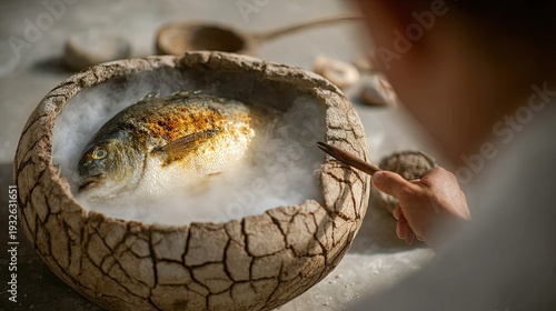 Wallpaper Mural Chef plating whole grilled dorado in cracked stone bowl with cold mist on rustic grey table, blurred male hand with wooden chopsticks in foreground. Concept of experimental molecular cuisine Torontodigital.ca