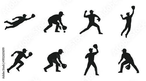 Cricket Player Vector Silhouette Icon Set Featuring Eight Action Poses Including Batting, Bowling, Catching, and Fielding for Sports Art, Training, and Graphic Design Use