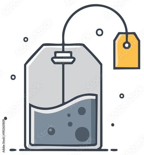 Cartoon tea bag with string and label, beverage concept
