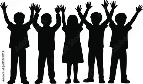 Silhouette group of happy children with raised hands isolated on white background black and white kids teamwork celebration concept