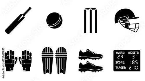 Cricket Equipment Vector Silhouette Icon Set Featuring Bat, Ball, Stumps, Helmet, Gloves, Pads, Shoes, and Scoreboard for Sports Art, Training, and Graphic Design Use