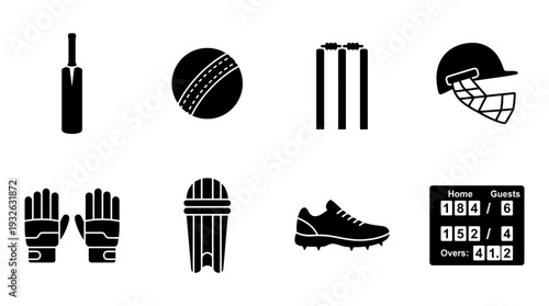 Cricket Equipment Vector Silhouette Icon Set Featuring Bat, Ball, Stumps, Helmet, Gloves, Pads, Shoes, and Scoreboard for Sports Art, Training, and Graphic Design Use