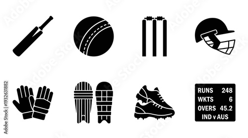 Cricket Equipment Vector Silhouette Icon Set Featuring Bat, Ball, Stumps, Helmet, Gloves, Pads, Shoes, and Scoreboard for Sports Art, Training, and Graphic Design Use