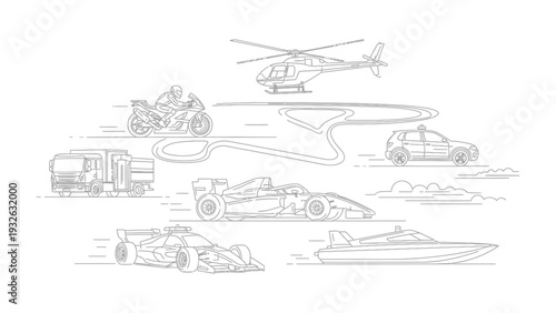 Vehicular Variety: A collection of diverse modes of transport, from racing car to a motorboat, a helicopter, and beyond. Depicted with simple lines, it embodies the essence of speed and movement.
