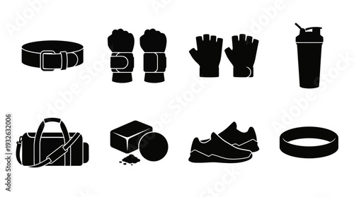Fitness Gym Vector Silhouette Icon Set Featuring Belt, Wraps, Gloves, Shaker Bottle, Gym Bag, Chalk, Shoes, and Resistance Band for Training and Graphic Design Use