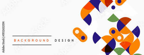 Abstract geometric shapes overlap, creating vibrant design. Orange, purple, green circles, rectangles dominate white space. Minimalist aesthetic.