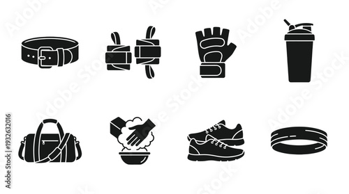 Fitness Gym Vector Silhouette Icon Set Featuring Belt, Wraps, Gloves, Shaker Bottle, Gym Bag, Chalk, Shoes, and Resistance Band for Training and Graphic Design Use