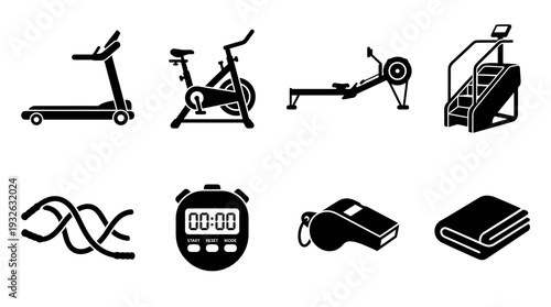 Gym Training Vector Silhouette Icon Set Featuring Treadmill, Bike, Rowing Machine, Stair Climber, Battle Ropes, Stopwatch, Whistle, and Towel for Fitness and Graphic Design Use