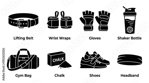 Fitness Gym Vector Silhouette Icon Set Featuring Belt, Wraps, Gloves, Shaker Bottle, Gym Bag, Chalk, Shoes, and Resistance Band for Training and Graphic Design Use