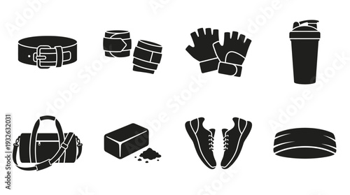 Fitness Gym Vector Silhouette Icon Set Featuring Belt, Wraps, Gloves, Shaker Bottle, Gym Bag, Chalk, Shoes, and Resistance Band for Training and Graphic Design Use