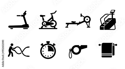 Gym Training Vector Silhouette Icon Set Featuring Treadmill, Bike, Rowing Machine, Stair Climber, Battle Ropes, Stopwatch, Whistle, and Towel for Fitness and Graphic Design Use