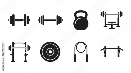 Gym Equipment Vector Silhouette Icon Set Featuring Barbell, Kettlebell, Bench Press, Squat Rack, Weight Plate, Jump Rope, and Parallel Bars for Fitness and Graphic Design Use