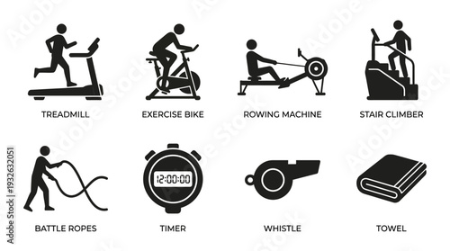 Gym Training Vector Silhouette Icon Set Featuring Treadmill, Bike, Rowing Machine, Stair Climber, Battle Ropes, Stopwatch, Whistle, and Towel for Fitness and Graphic Design Use