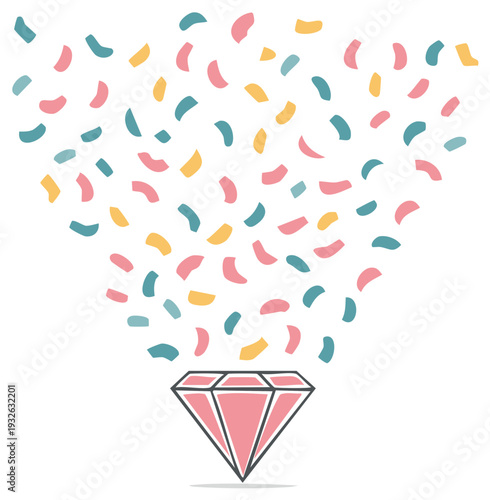 Colorful confetti shapes showering a pink diamond illustration with whimsical flair