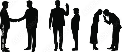 Silhouette of business professionals shaking hands, greeting and bowing isolated on white background black and white corporate etiquette concept set