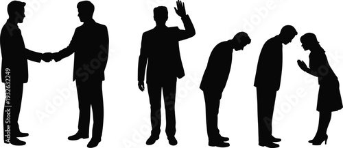Silhouette of business people shaking hands, greeting and bowing isolated on white background black and white corporate etiquette concept illustration set