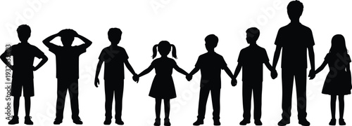 Silhouette of children holding hands in a row isolated on white background black and white kids teamwork unity friendship concept illustration