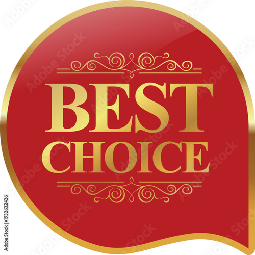 A red and gold best choice badge with ornate designs
