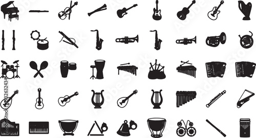 Musical Instruments Icon Set Black Silhouettes Isolated on White Background
